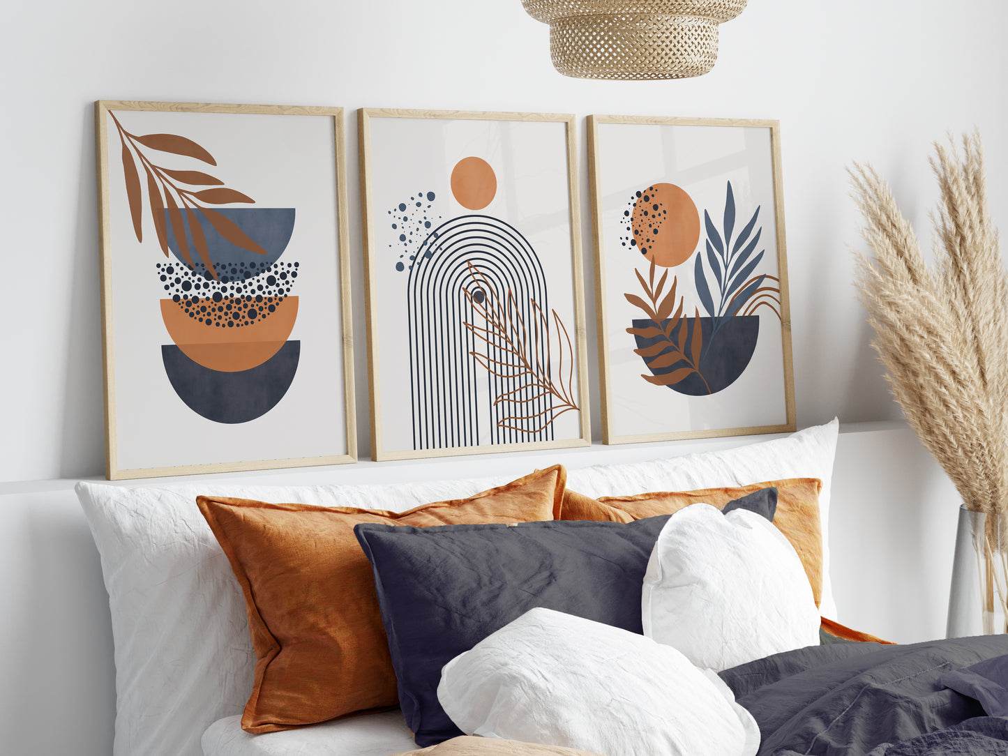 Set of 3 Blue & Orange Boho Wall Prints