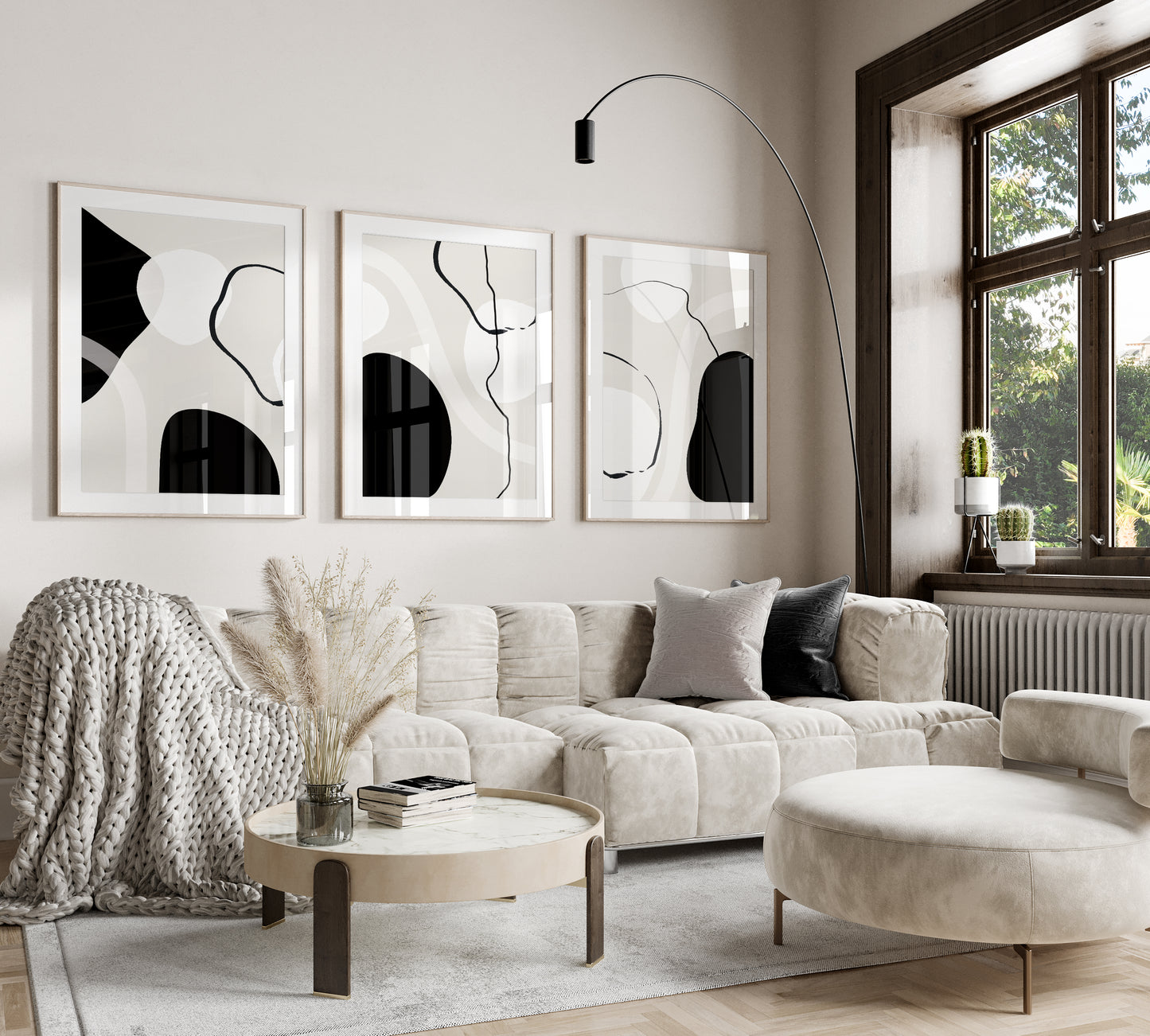 Set of 3 Black, Beige & White Abstract Wall Art Prints