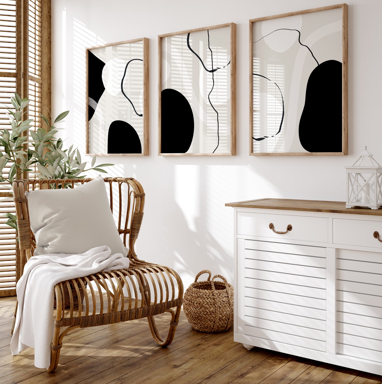 Set of 3 Black, Beige & White Abstract Wall Art Prints