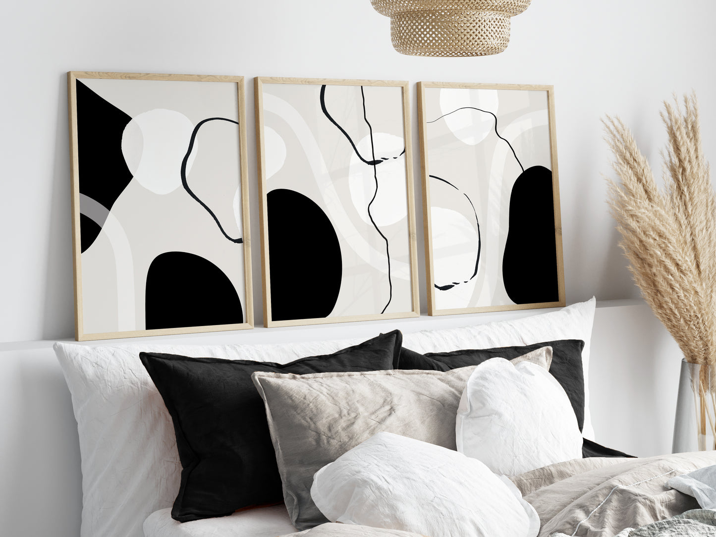 Set of 3 Black, Beige & White Abstract Wall Art Prints