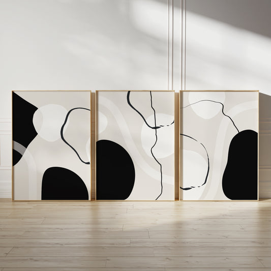 Set of 3 Black, Beige & White Abstract Wall Art Prints