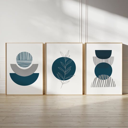 Set of 3 Teal & Grey Boho Wall Art Prints