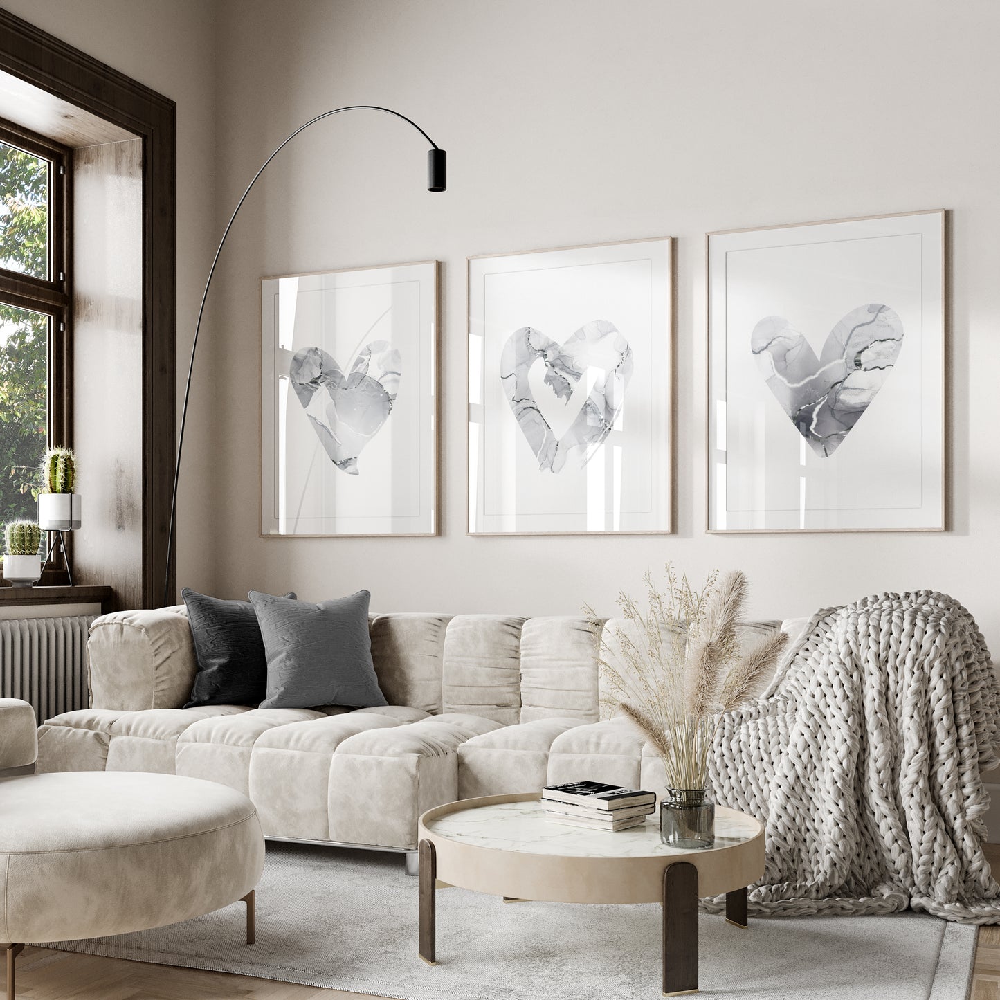 Set of 3 Grey & Silver Marble Heart Wall Prints