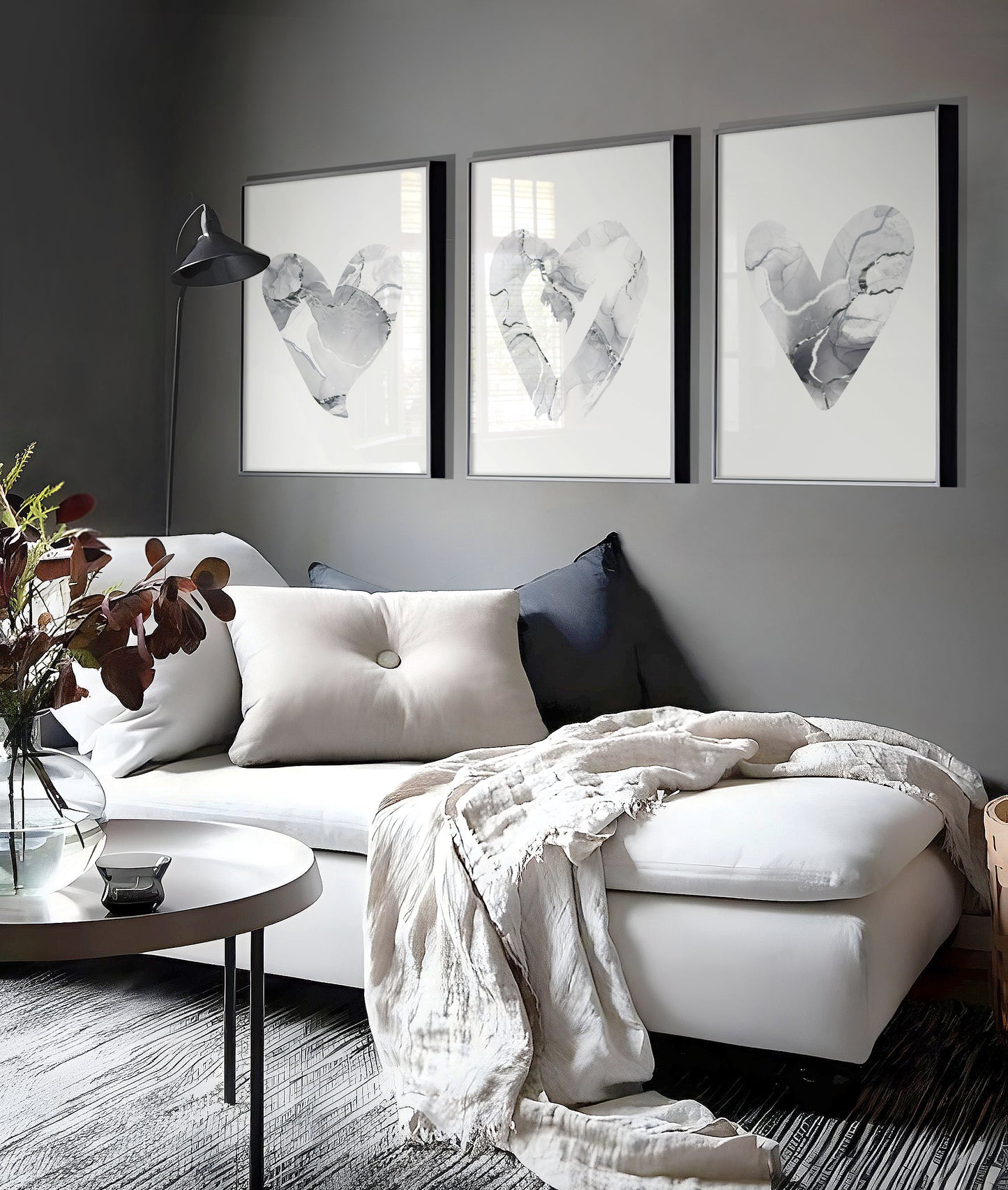 Set of 3 Grey & Silver Marble Heart Wall Prints