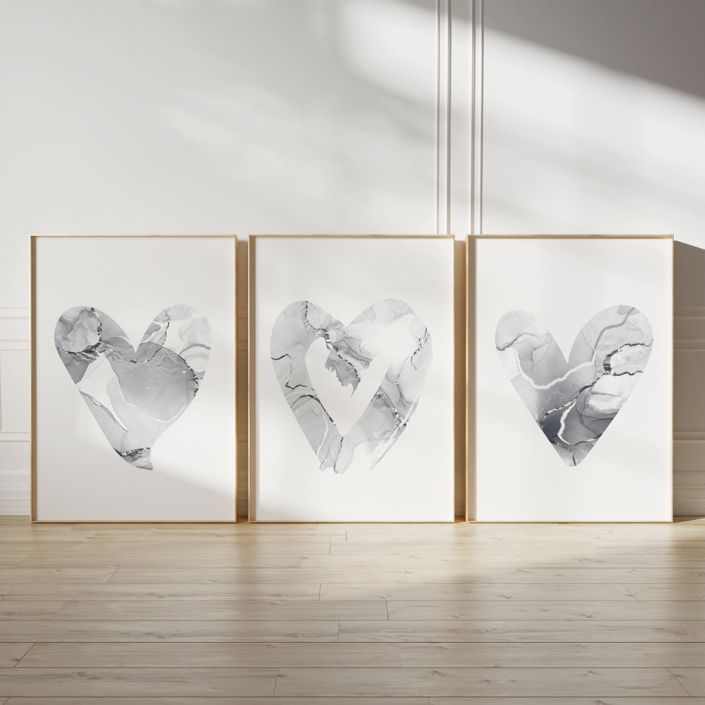 Set of 3 Grey & Silver Marble Heart Wall Prints