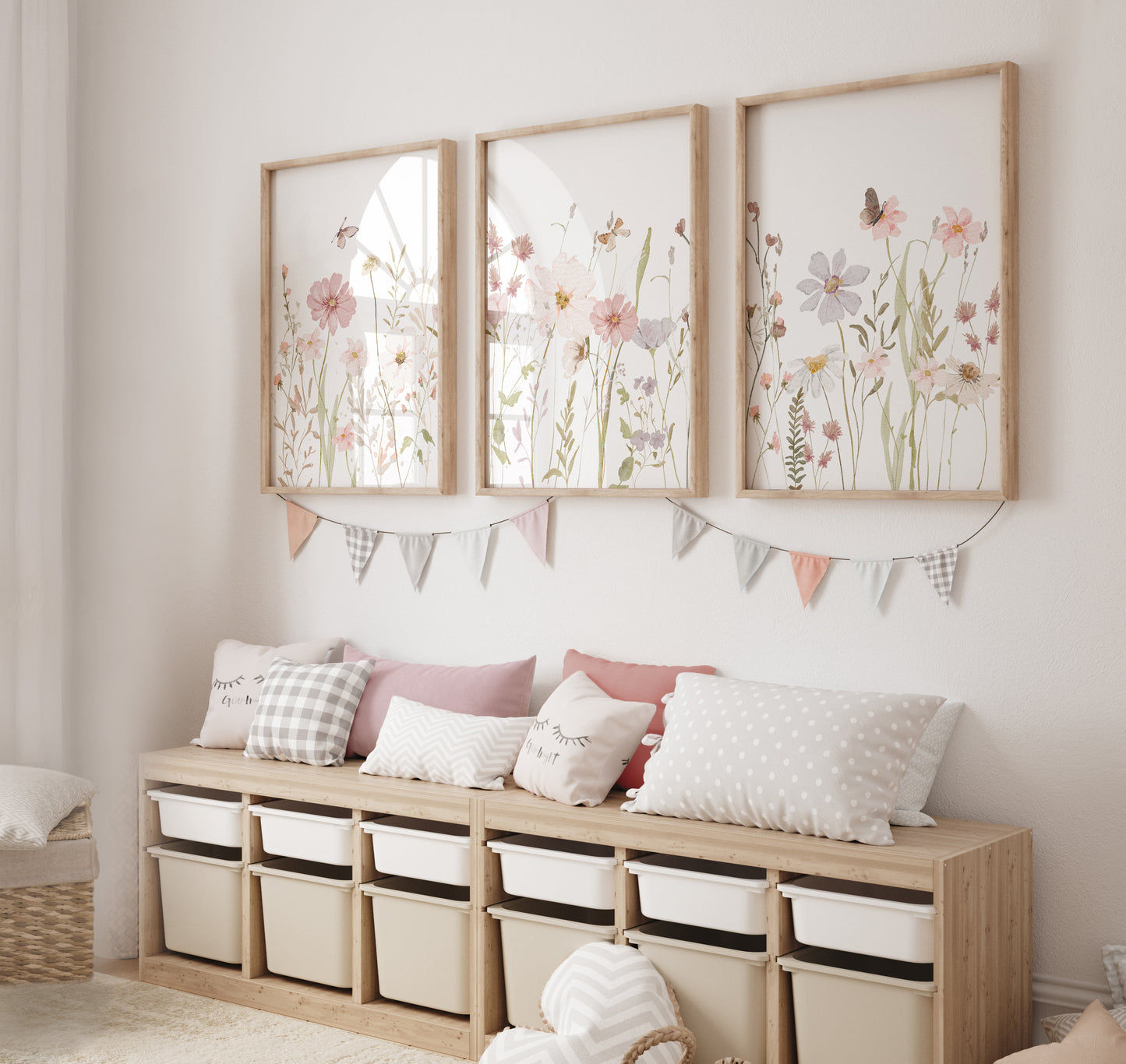 Set of 3 Girls Pink Wildflower Nursery Prints