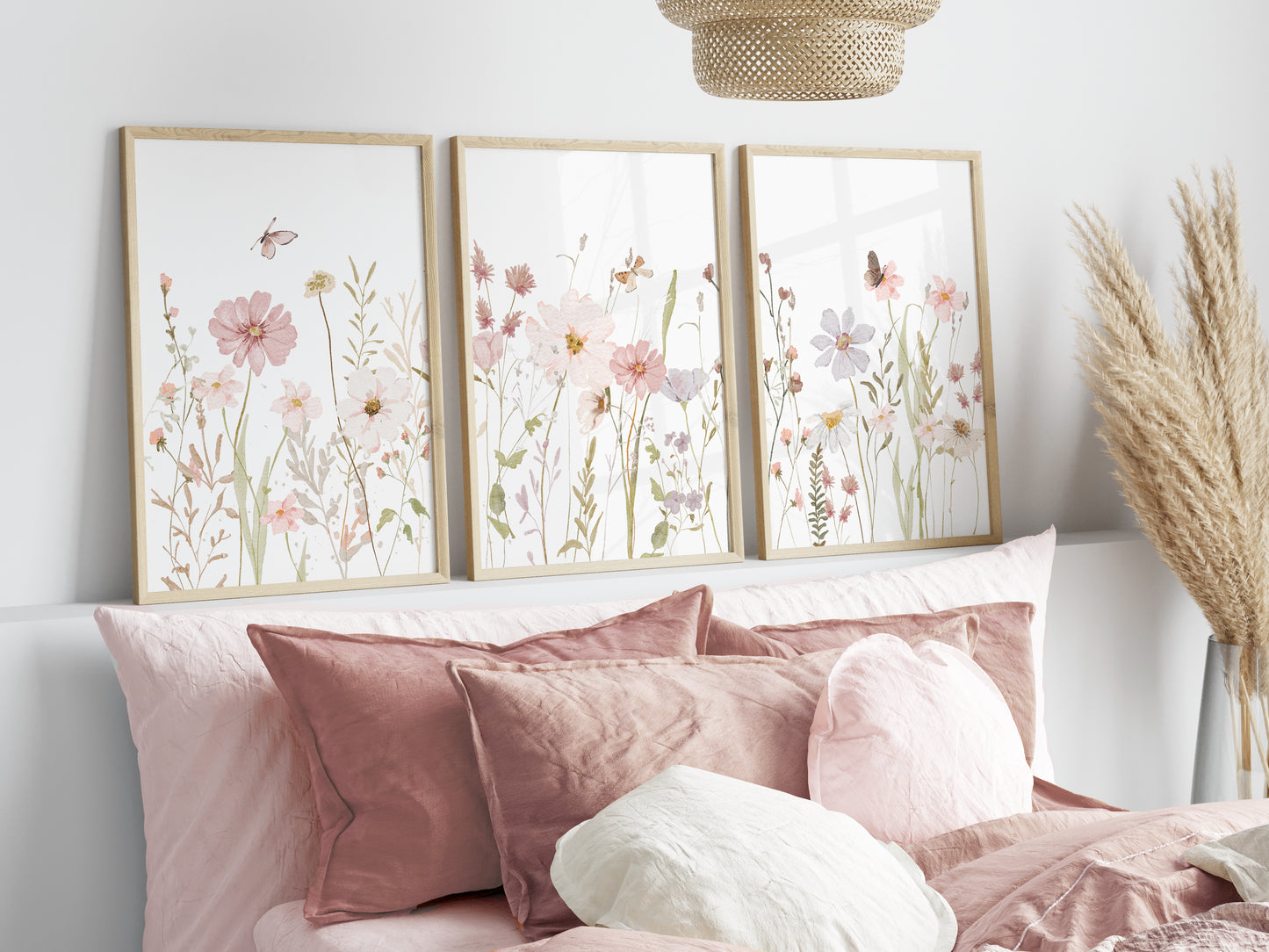 Set of 3 Girls Pink Wildflower Nursery Prints
