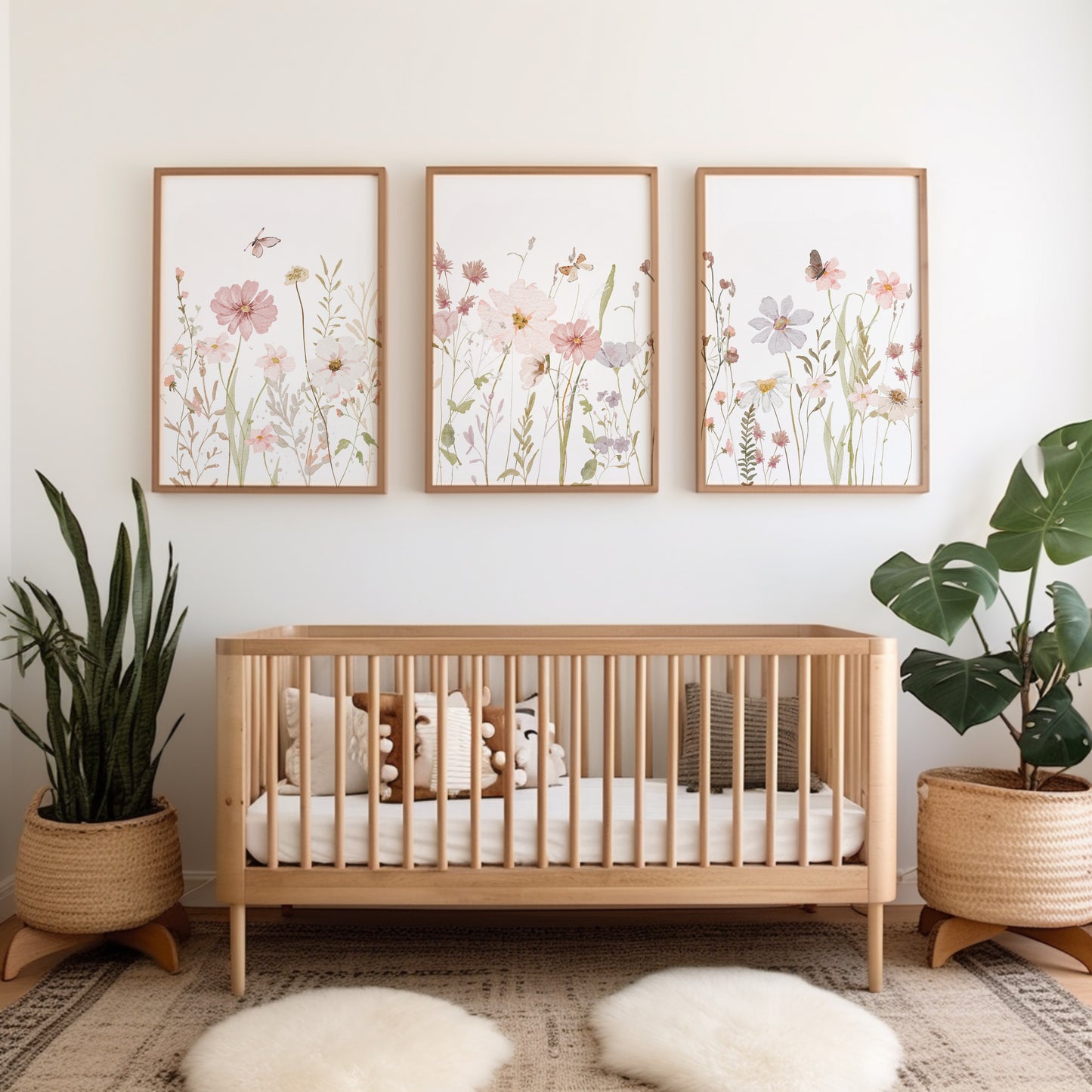Set of 3 Girls Pink Wildflower Nursery Prints