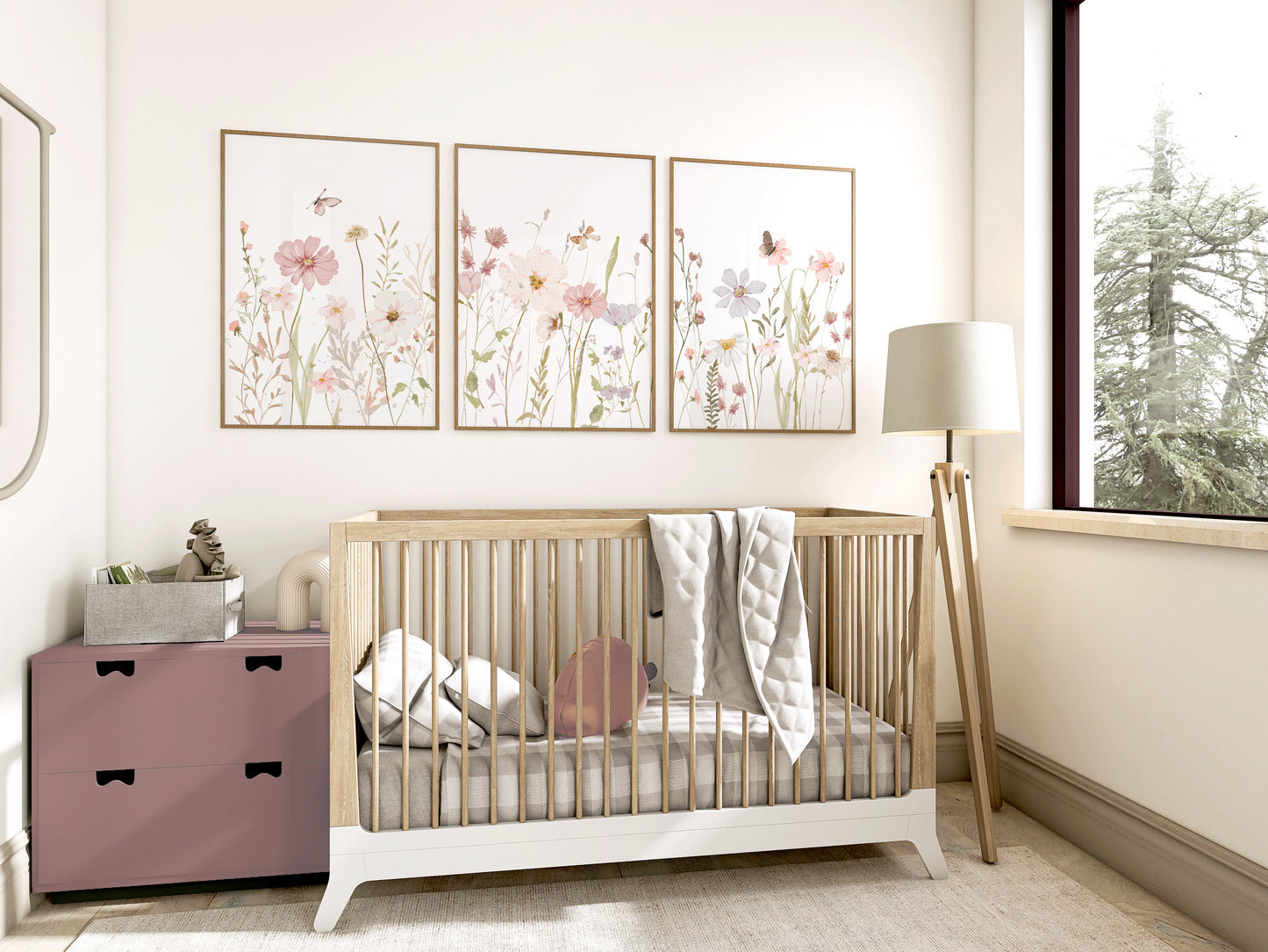 Set of 3 Girls Pink Wildflower Nursery Prints