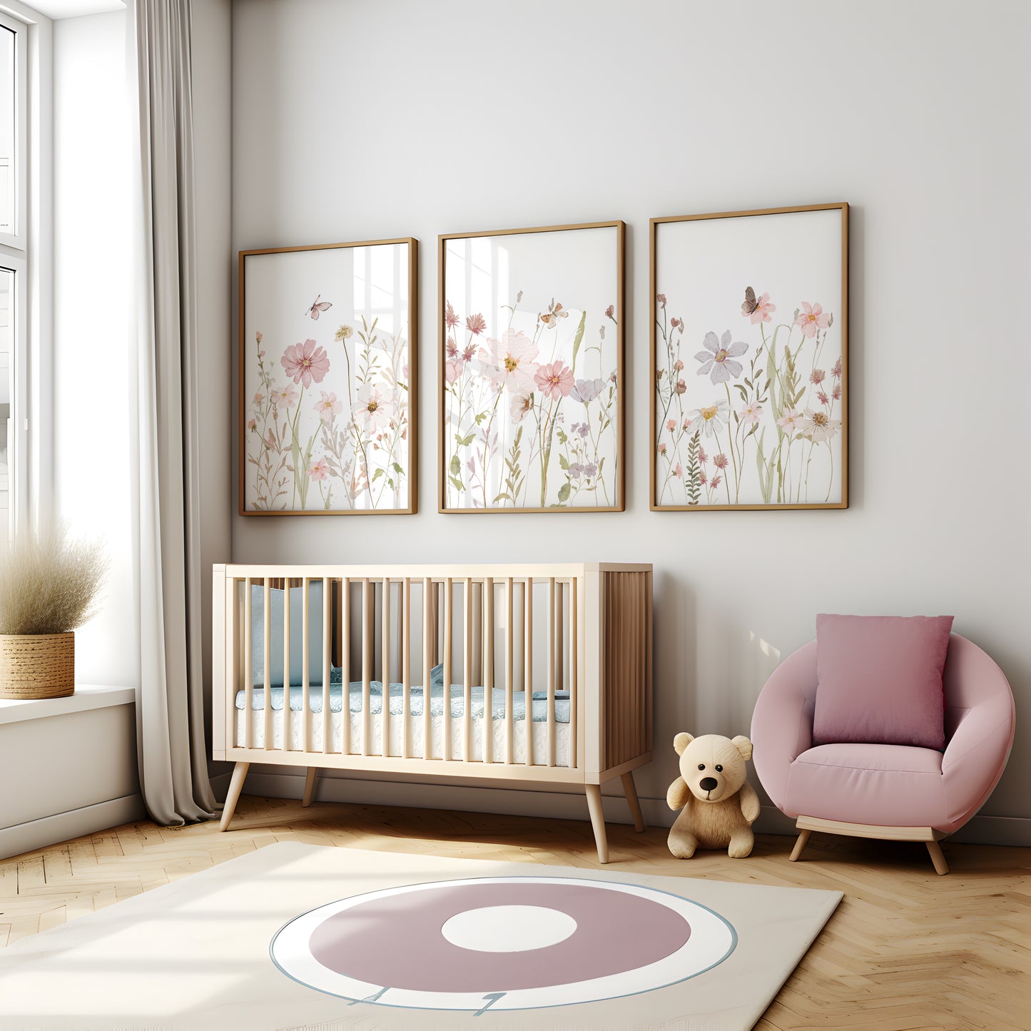 Set of 3 Girls Pink Wildflower Nursery Prints