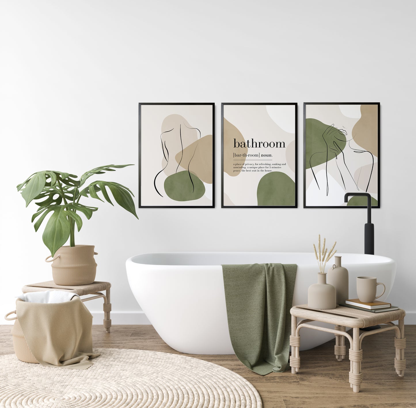 Set of 3 Olive Green Bathroom Wall Prints