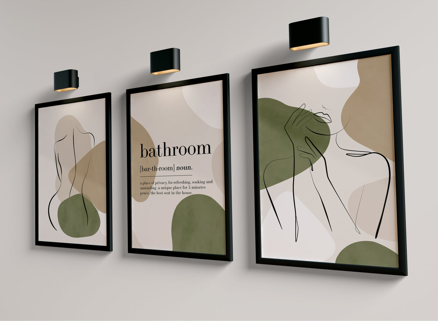 Set of 3 Olive Green Bathroom Wall Prints