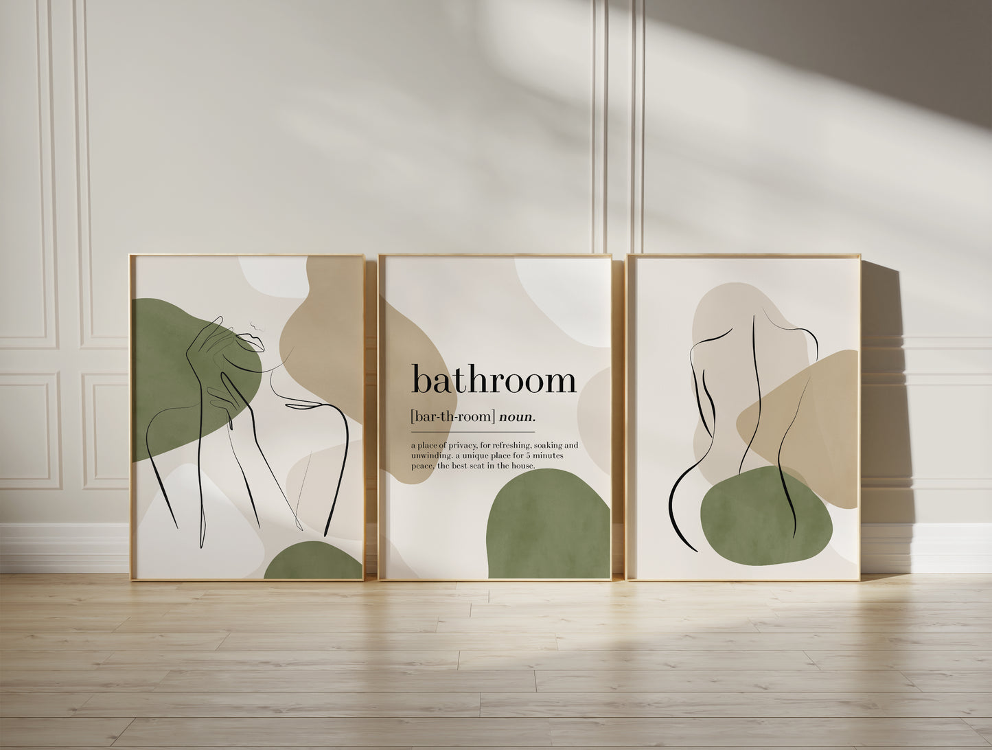 Set of 3 Olive Green Bathroom Wall Prints
