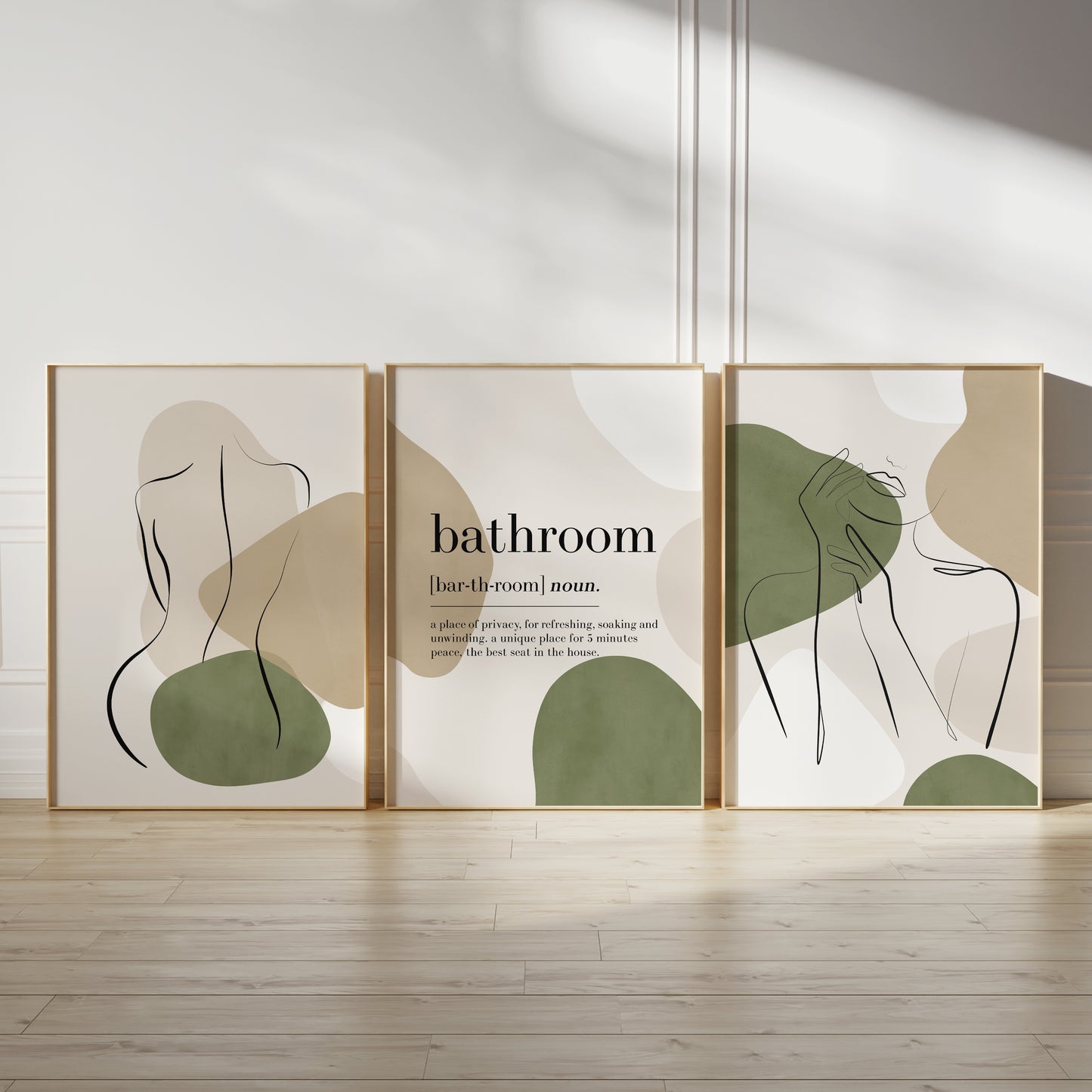 Set of 3 Olive Green Bathroom Wall Prints