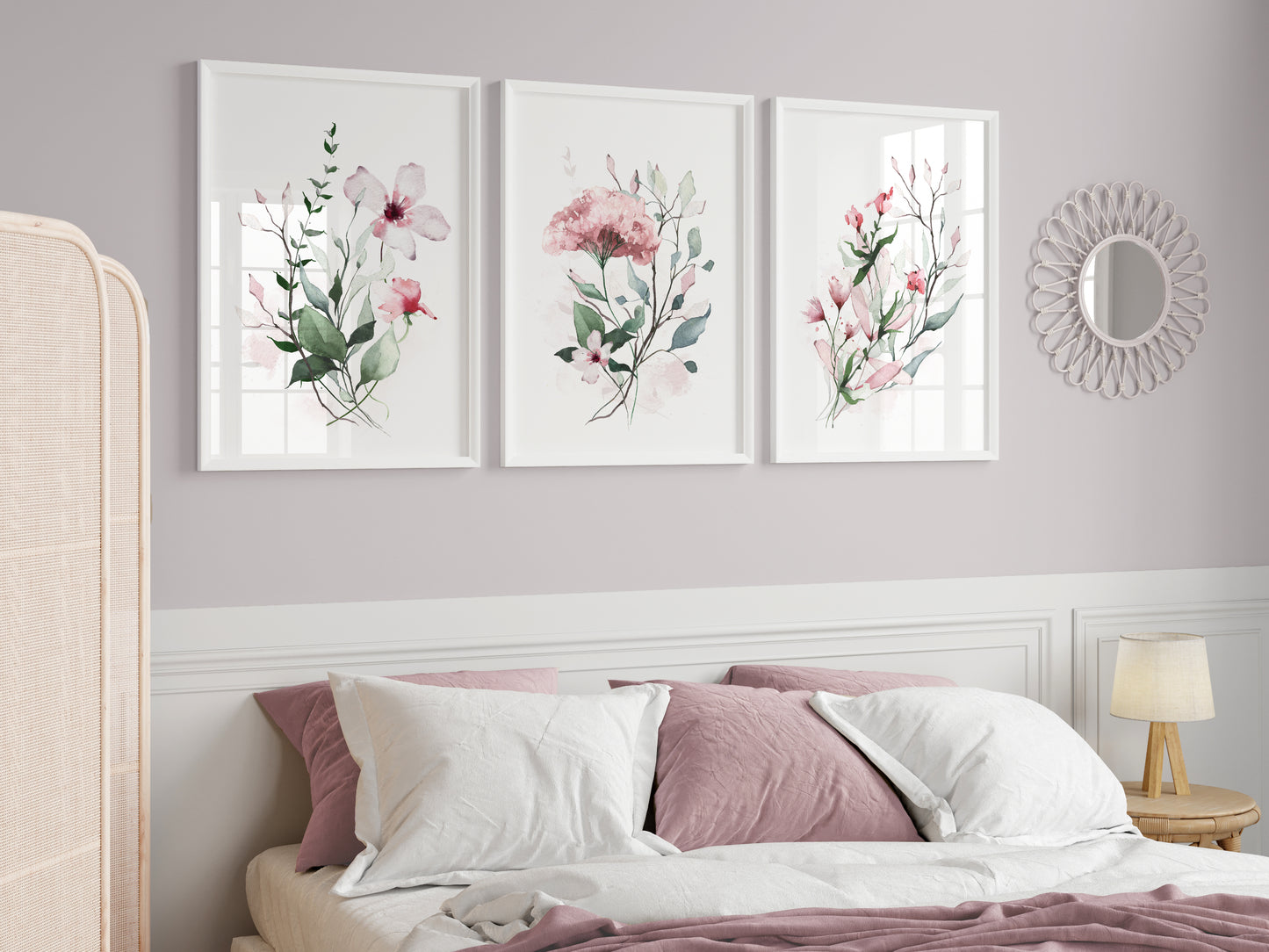 Set of 3 Pink Floral Wall Art Prints