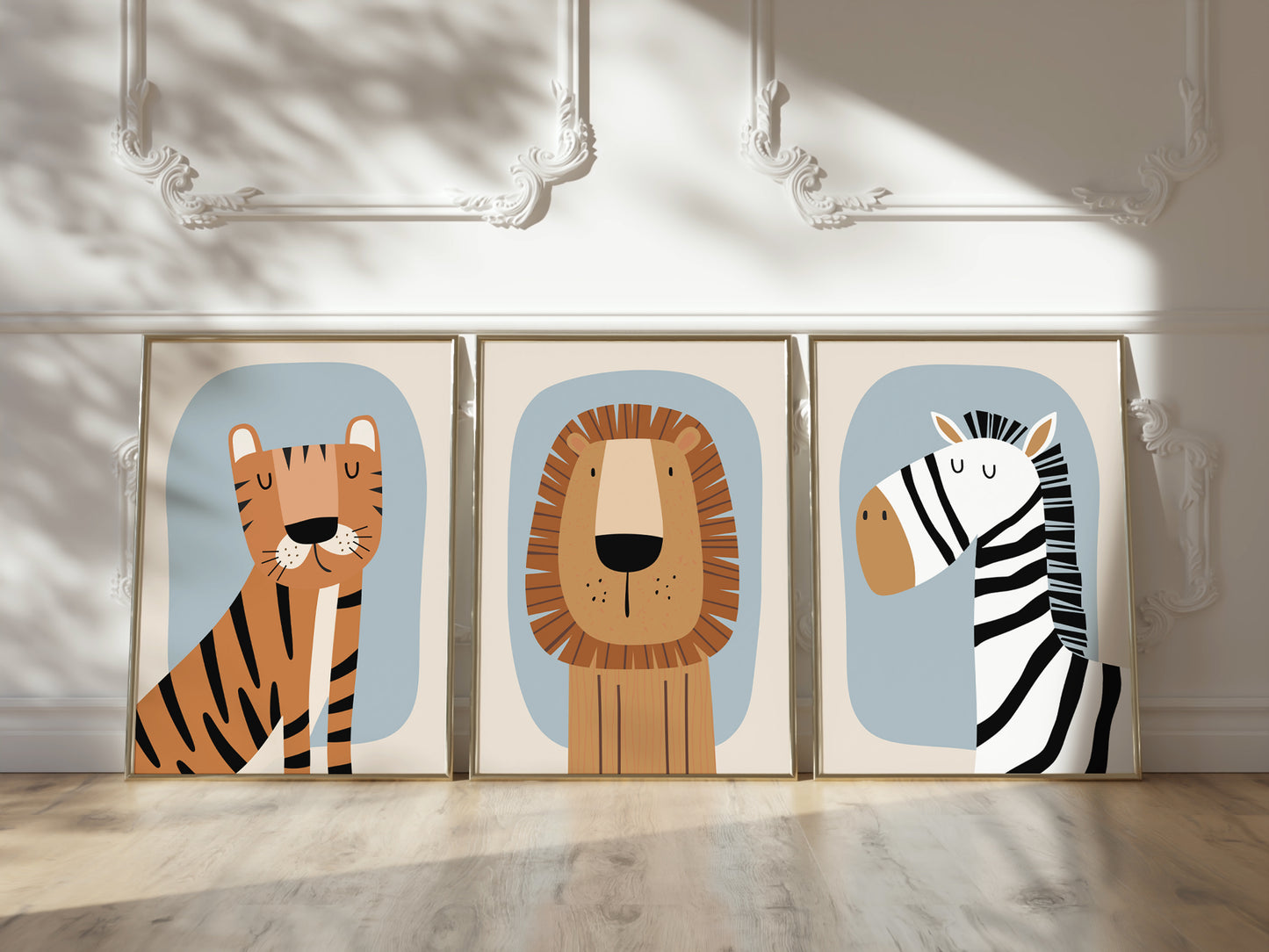 Set of 3 Ecru & Blue Safari Jungle Boys Nursery Wall Prints