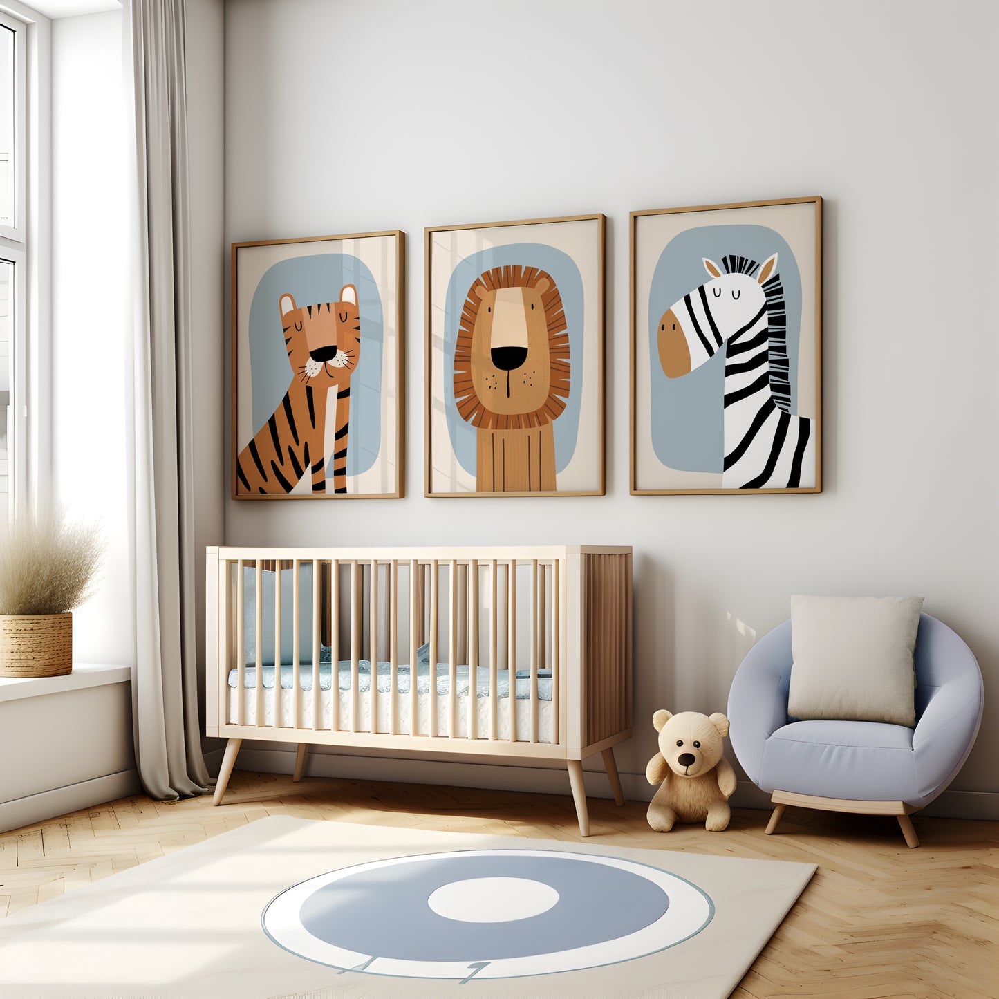 Set of 3 Ecru & Blue Safari Jungle Boys Nursery Wall Prints