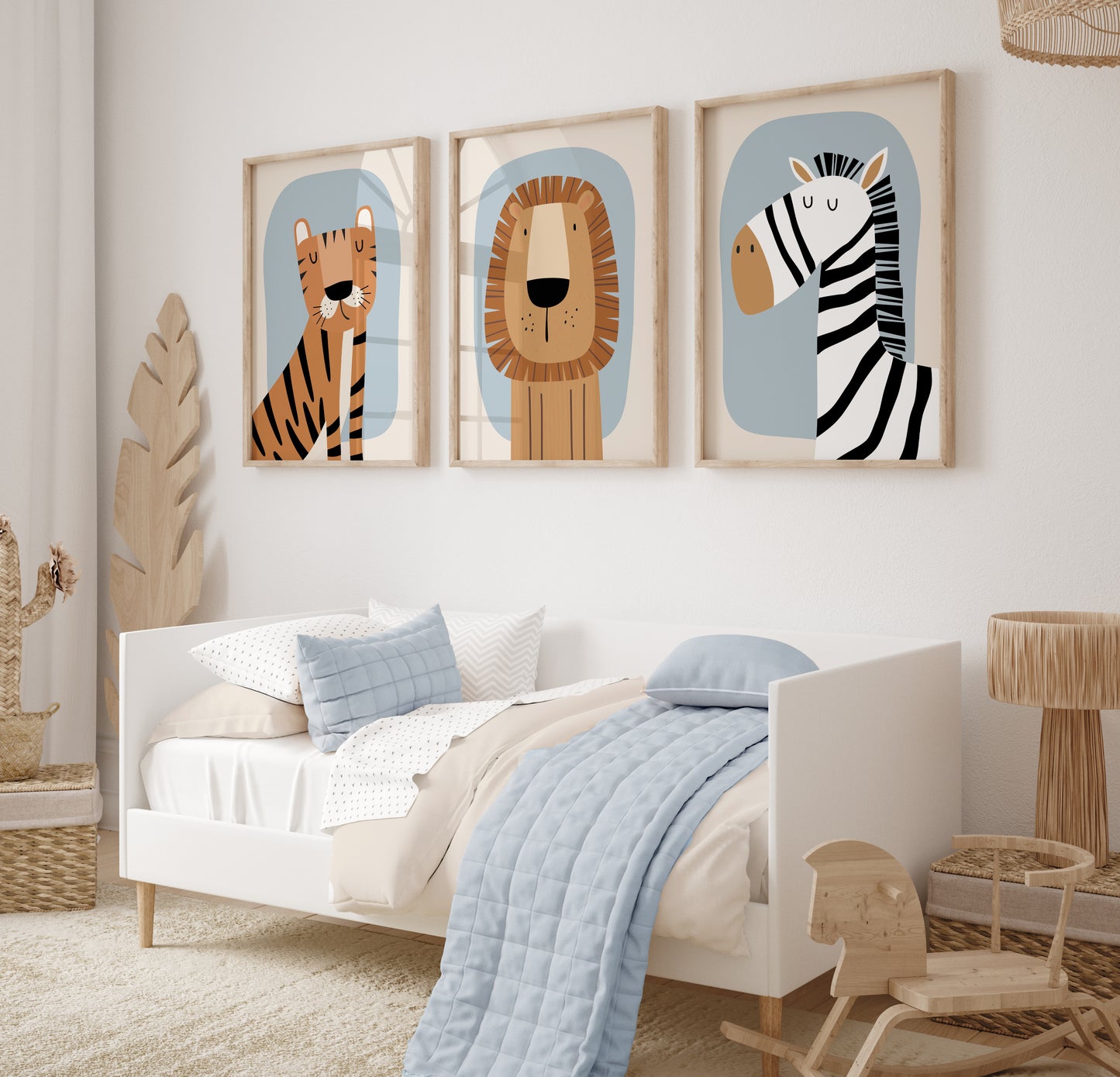Set of 3 Ecru & Blue Safari Jungle Boys Nursery Wall Prints