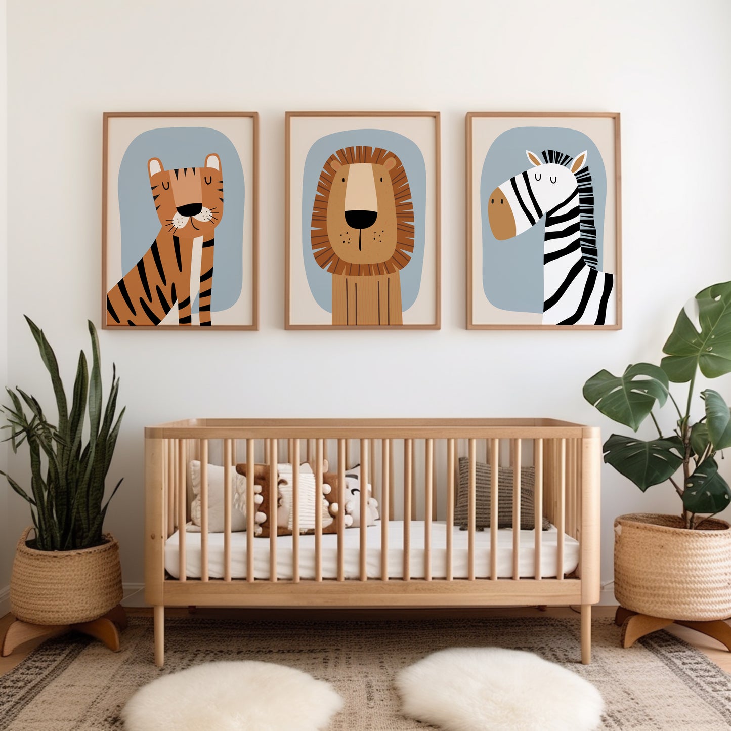 Set of 3 Ecru & Blue Safari Jungle Boys Nursery Wall Prints