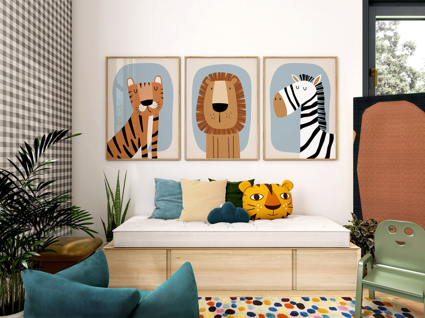 Set of 3 Ecru & Blue Safari Jungle Boys Nursery Wall Prints