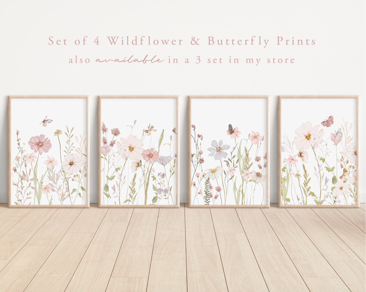 Set of 4 Girls Butterfly & Wildflower Nursery Prints