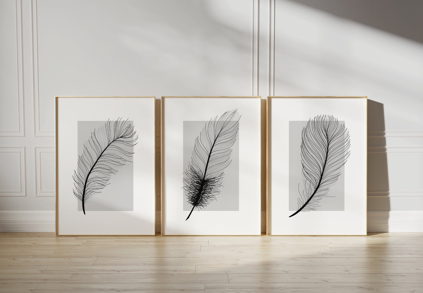 Set of 3 Grey Feather Wall Prints