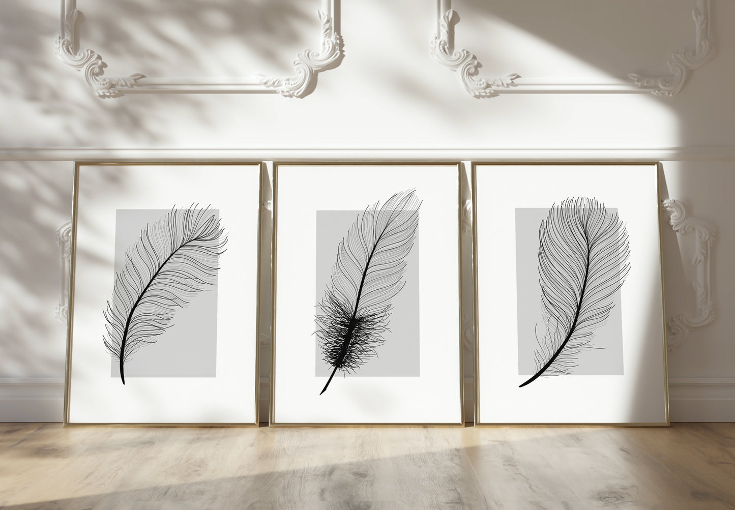 Set of 3 Grey Feather Wall Prints