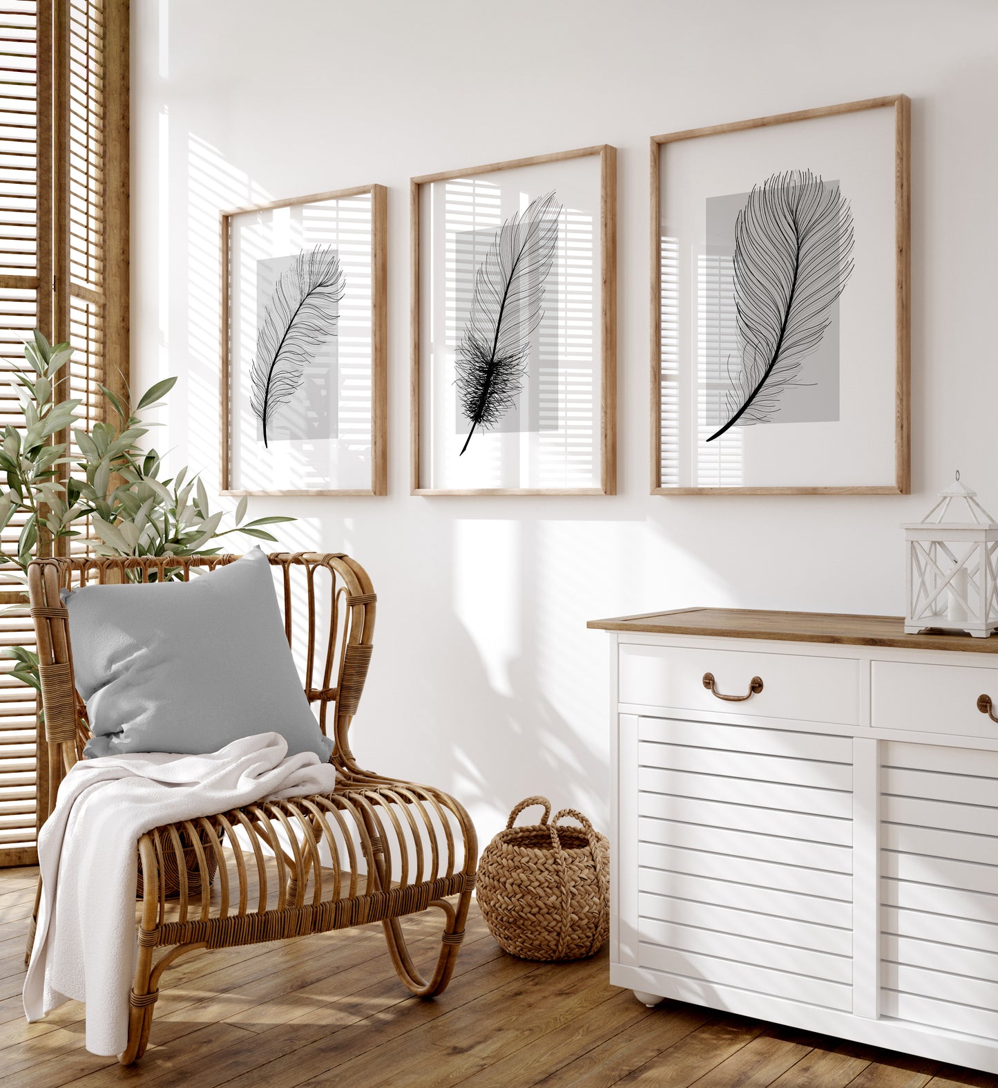 Set of 3 Grey Feather Wall Prints