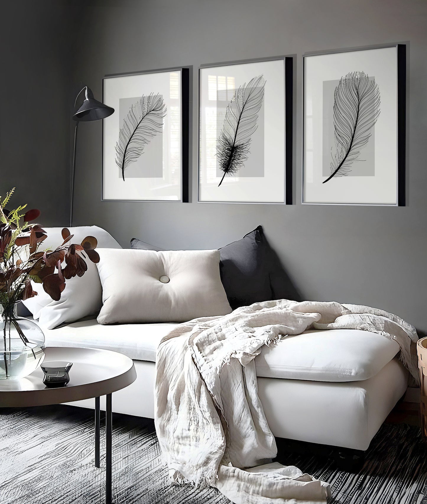 Set of 3 Grey Feather Wall Prints