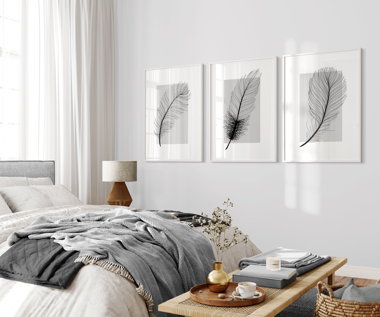 Set of 3 Grey Feather Wall Prints