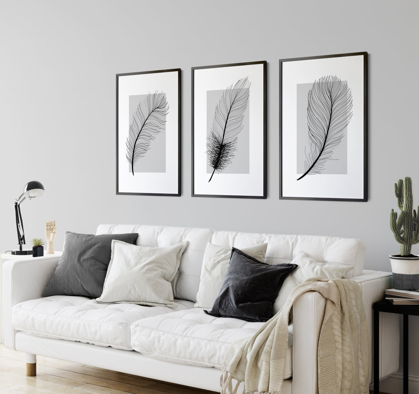 Set of 3 Grey Feather Wall Prints