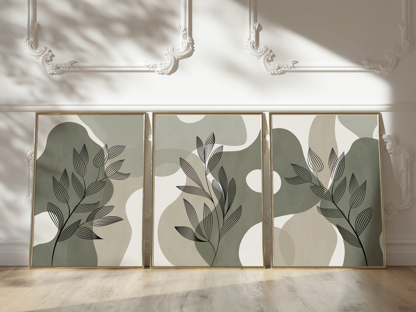 Set of 3 Green Botanical Abstract Wall Prints
