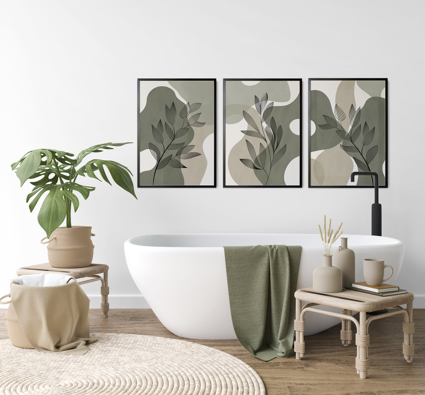 Set of 3 Green Botanical Abstract Wall Prints