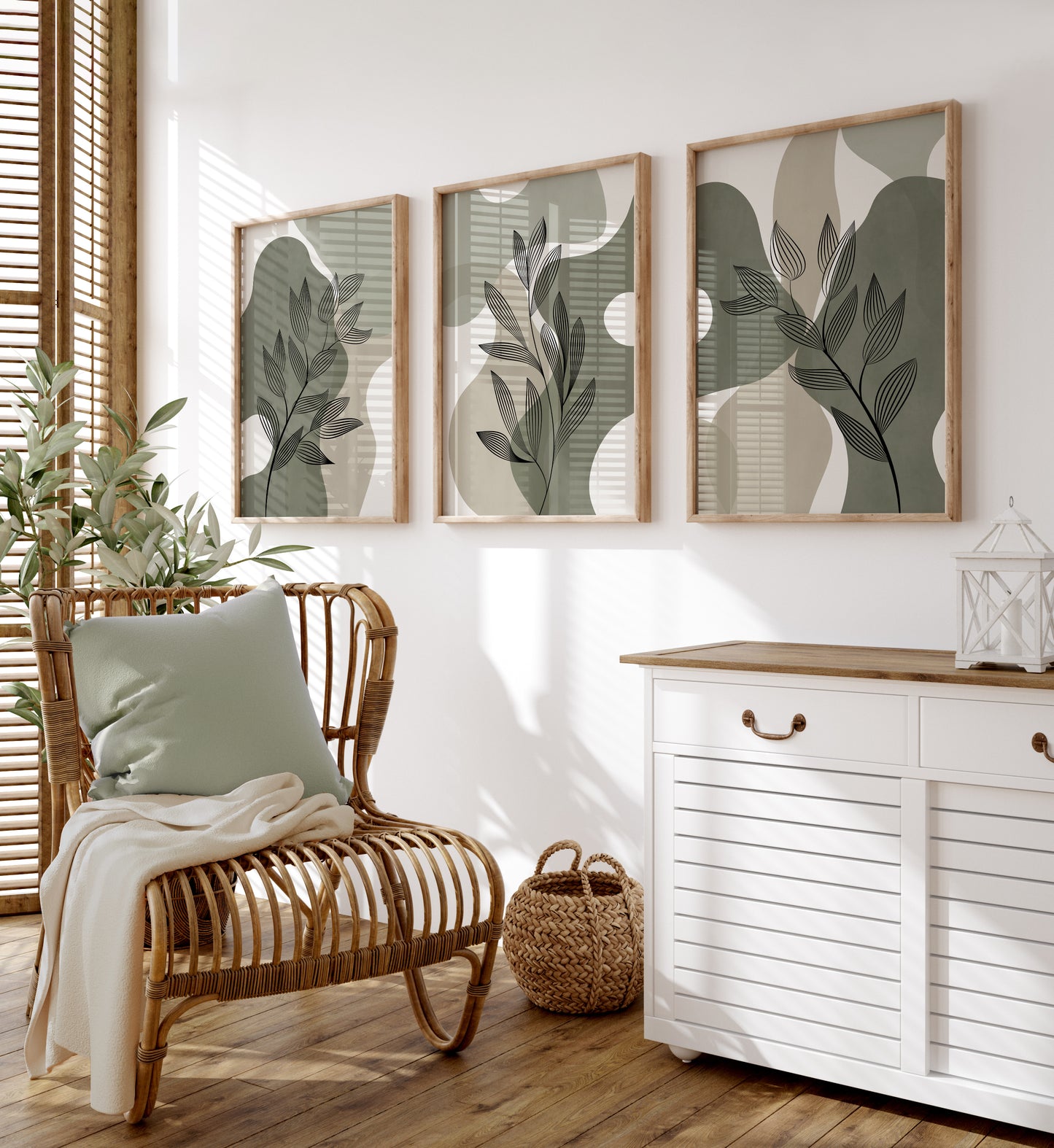 Set of 3 Green Botanical Abstract Wall Prints