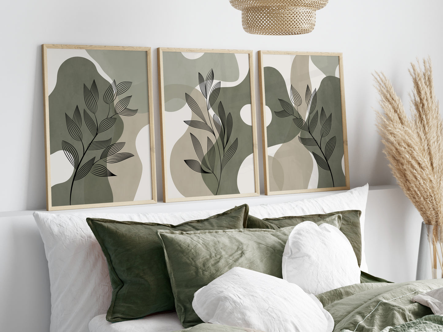 Set of 3 Green Botanical Abstract Wall Prints