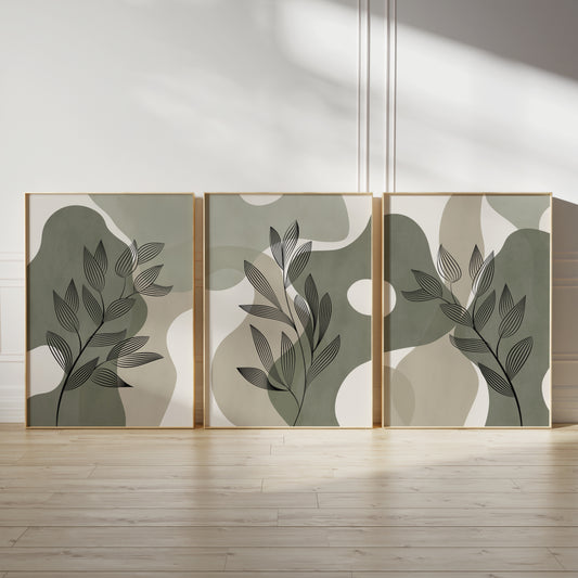 Set of 3 Green Botanical Abstract Wall Prints