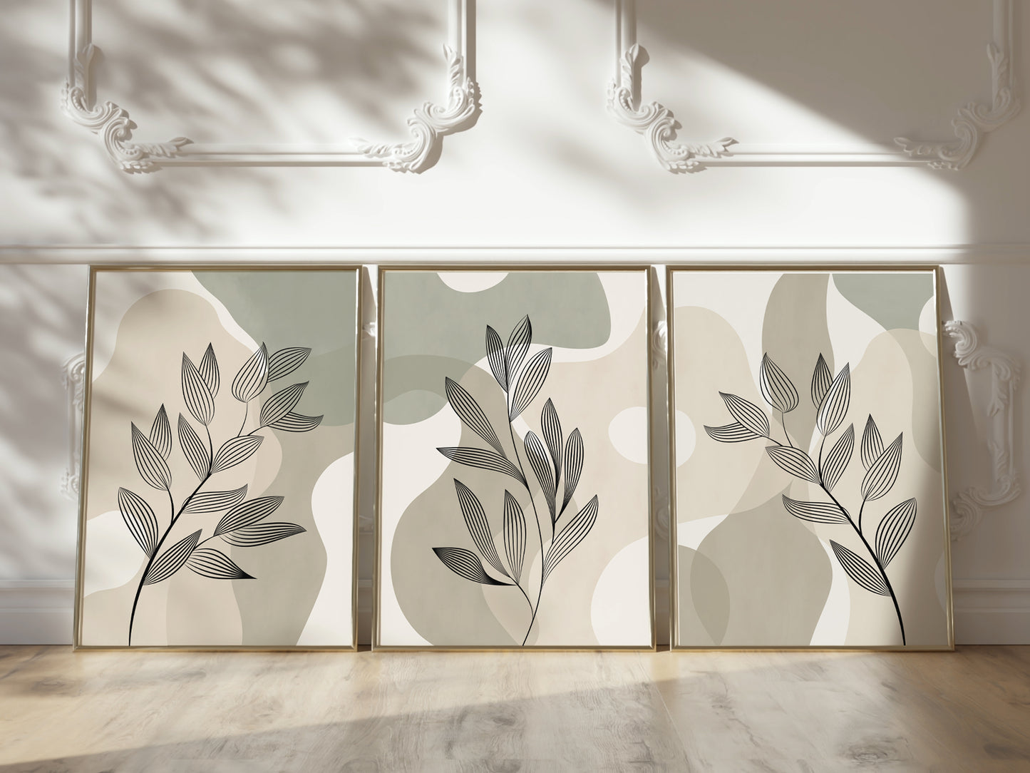 Set of 3 Sage Green & Beige Abstract Wall Prints