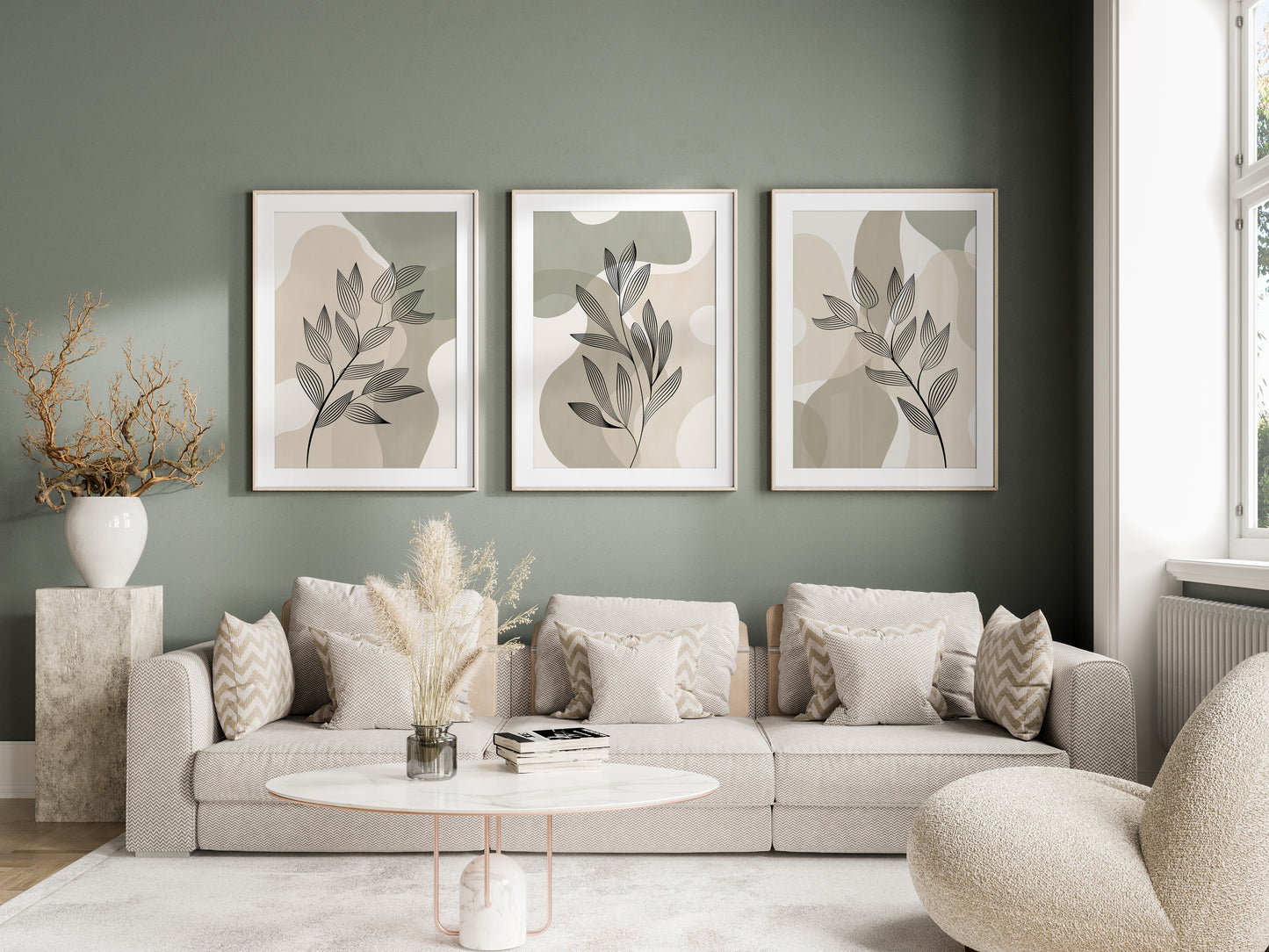 Set of 3 Sage Green & Beige Abstract Wall Prints
