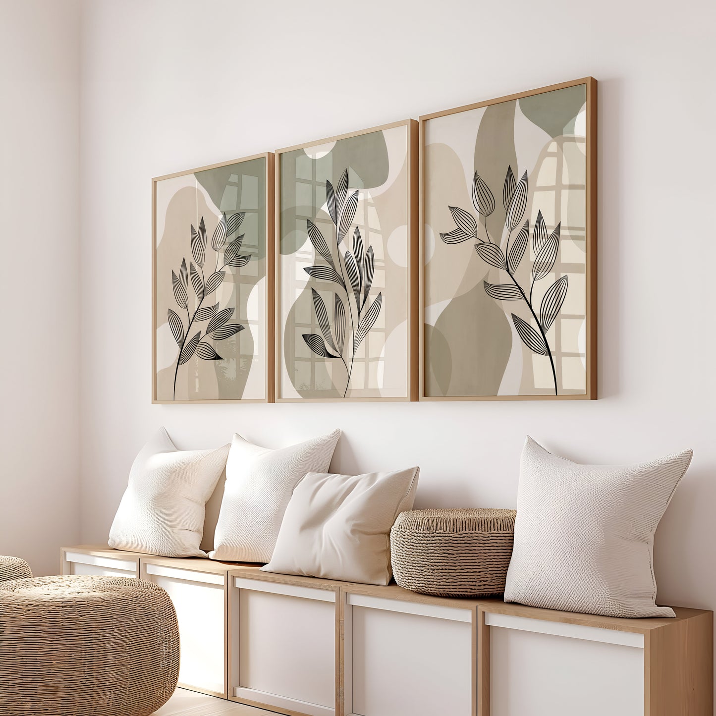 Set of 3 Sage Green & Beige Abstract Wall Prints