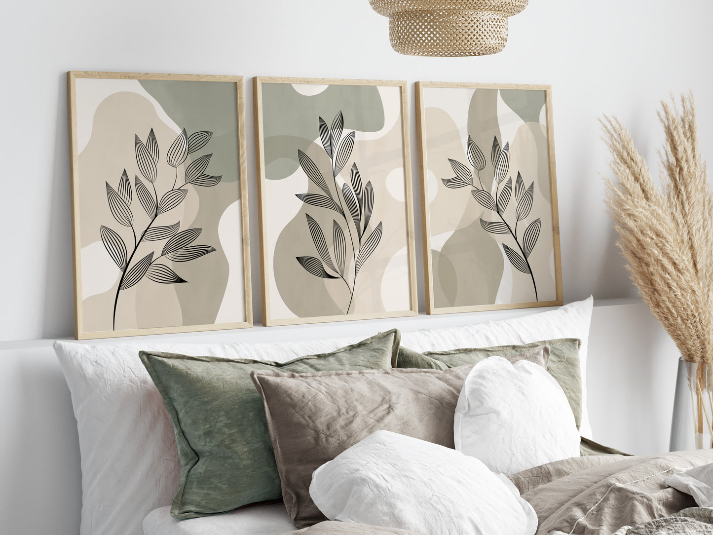 Set of 3 Sage Green & Beige Abstract Wall Prints