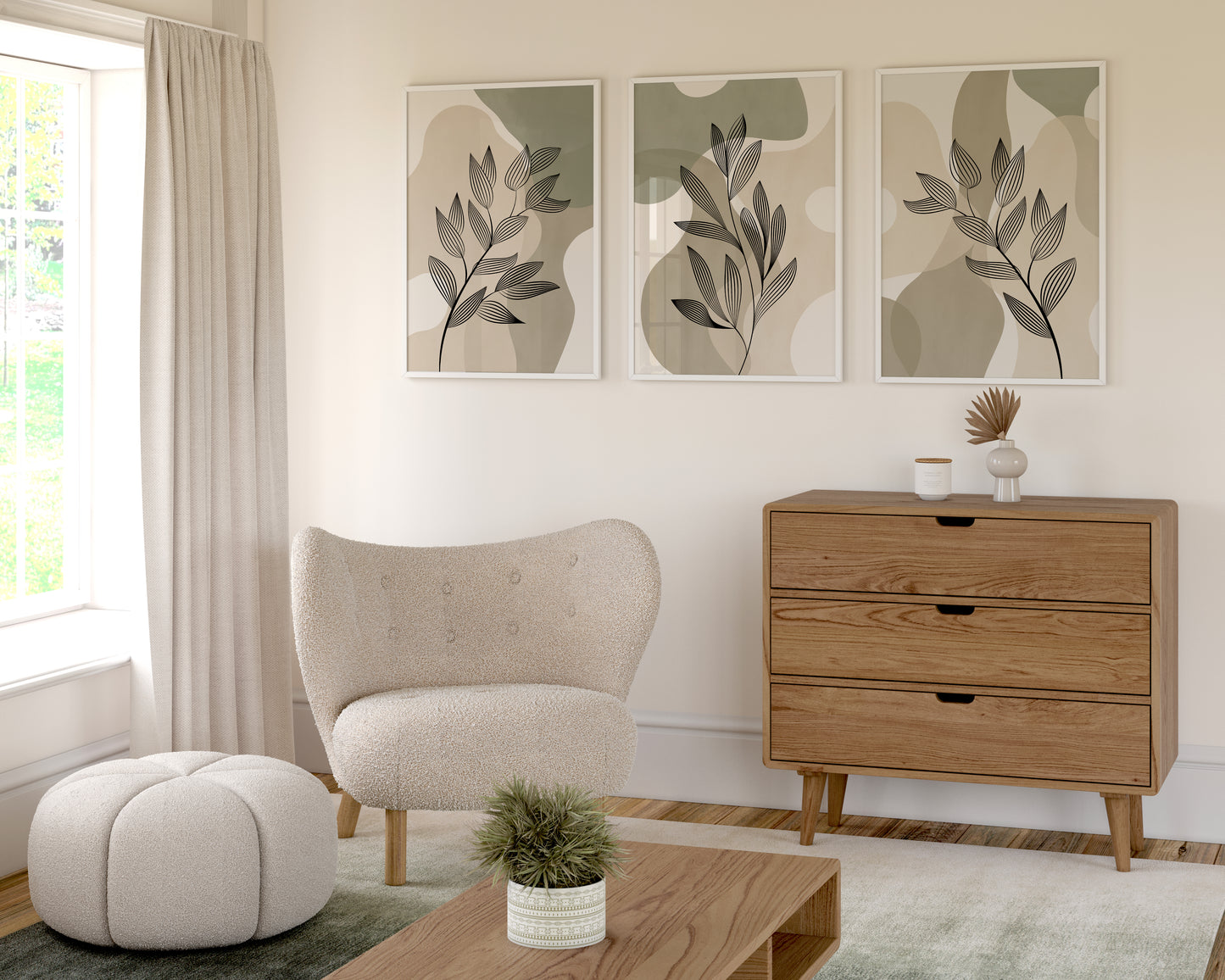 Set of 3 Sage Green & Beige Abstract Wall Prints
