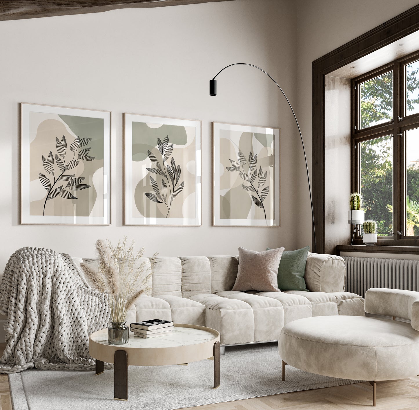 Set of 3 Sage Green & Beige Abstract Wall Prints