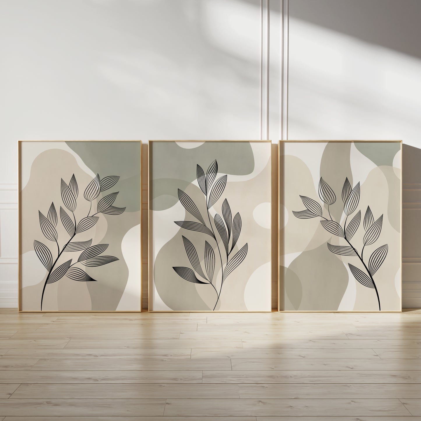 Set of 3 Sage Green & Beige Abstract Wall Prints