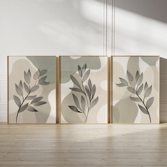Set of 3 Sage Green & Beige Abstract Wall Prints