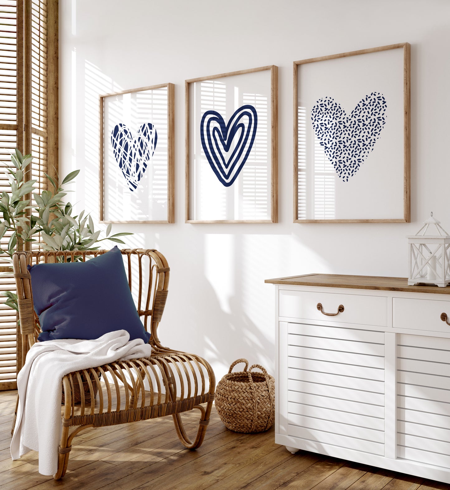Set of 3 Navy Abstract Love Heart Wall Prints