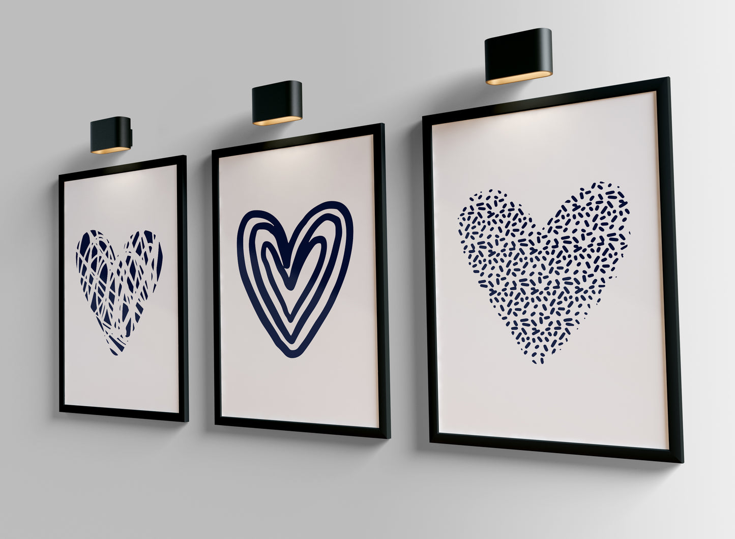 Set of 3 Navy Abstract Love Heart Wall Prints