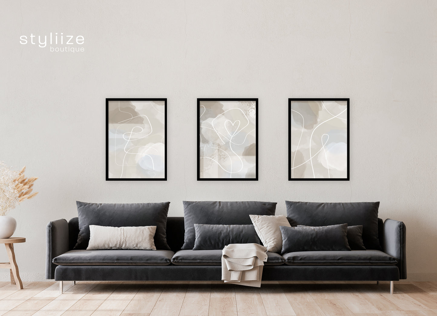 Set of 3 Neutral Love Heart Detail Abstract Wall Prints