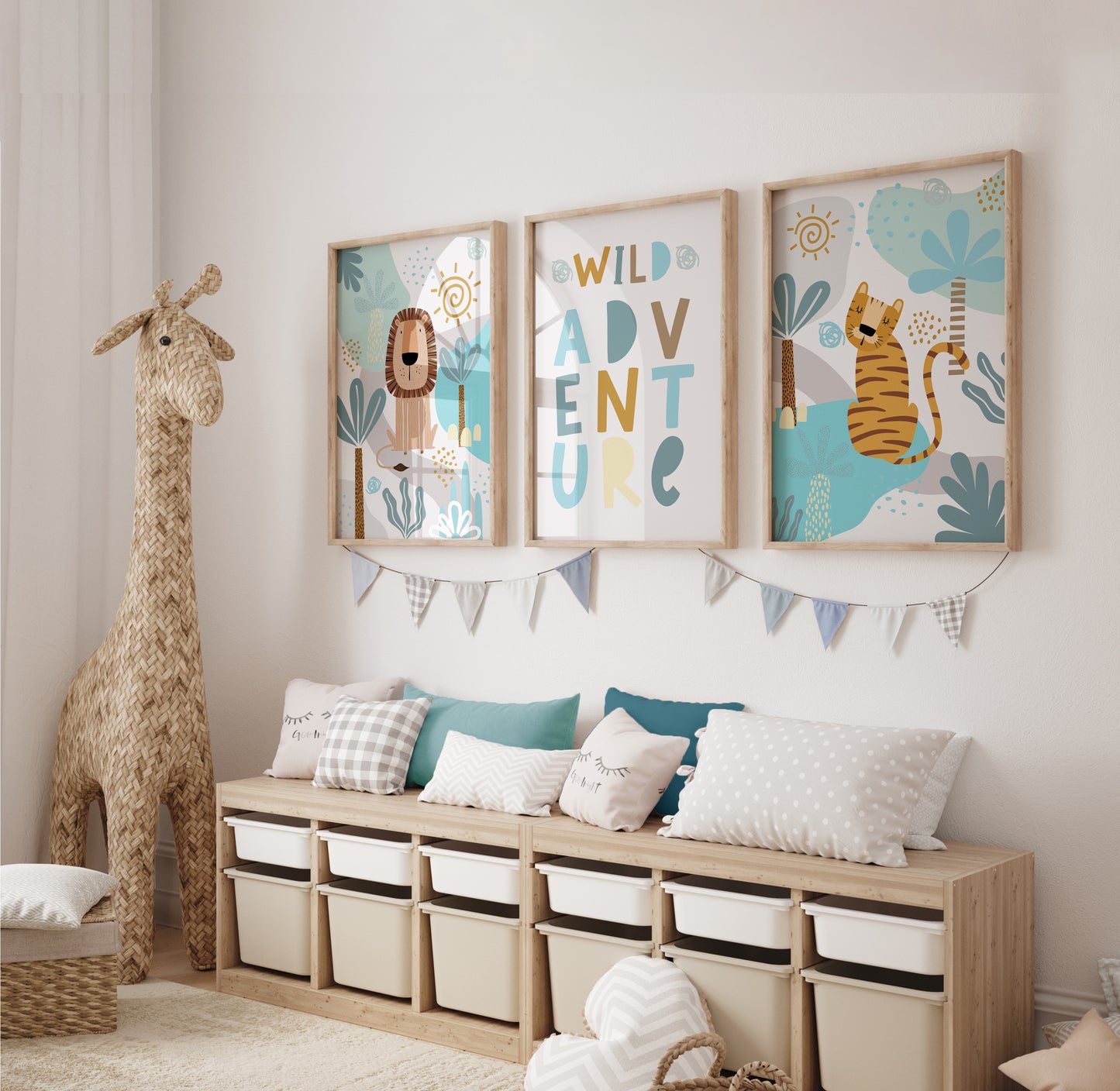 Set of 3 Teal Blue Safari Nursery Prints