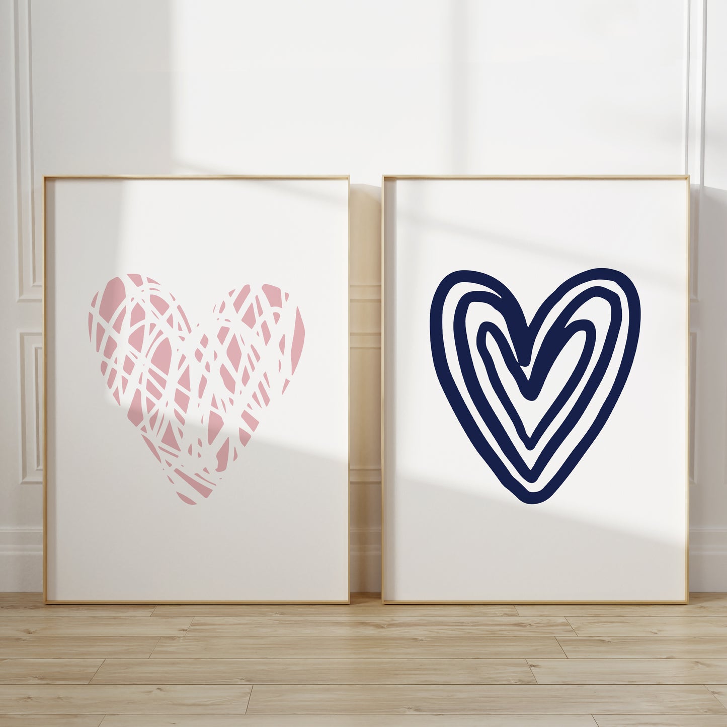 Set of 2 Pink & Navy Blue Love Heart Bedroom Wall Prints