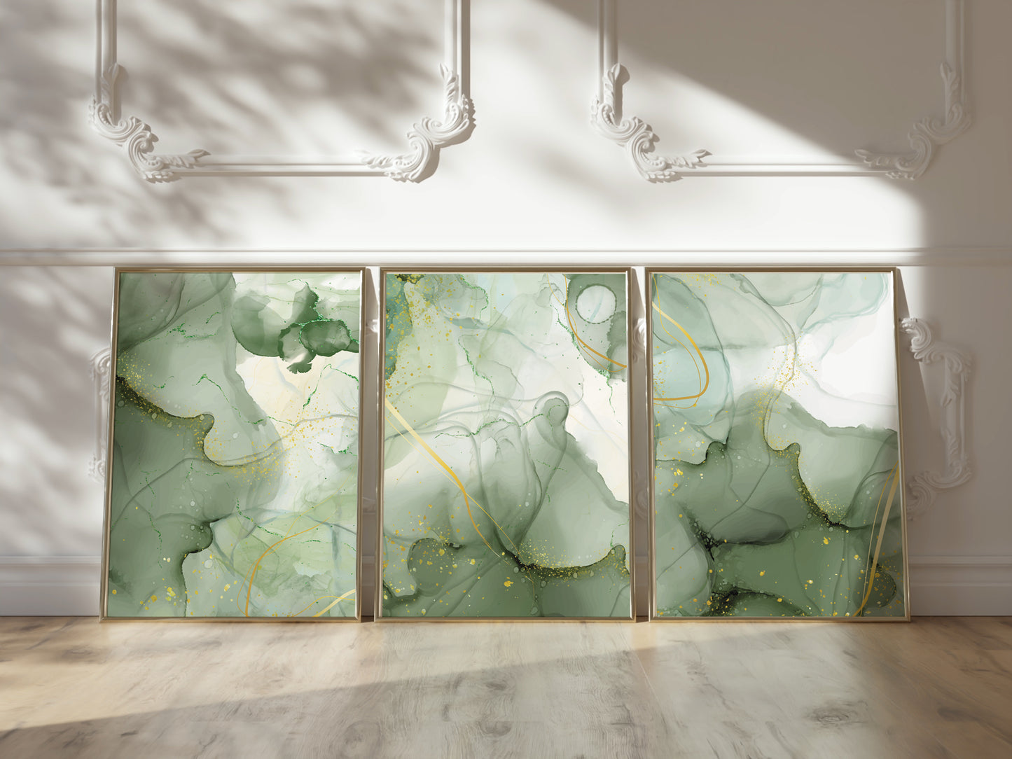 Set of 3 Green & Gold Marble Wall Prints